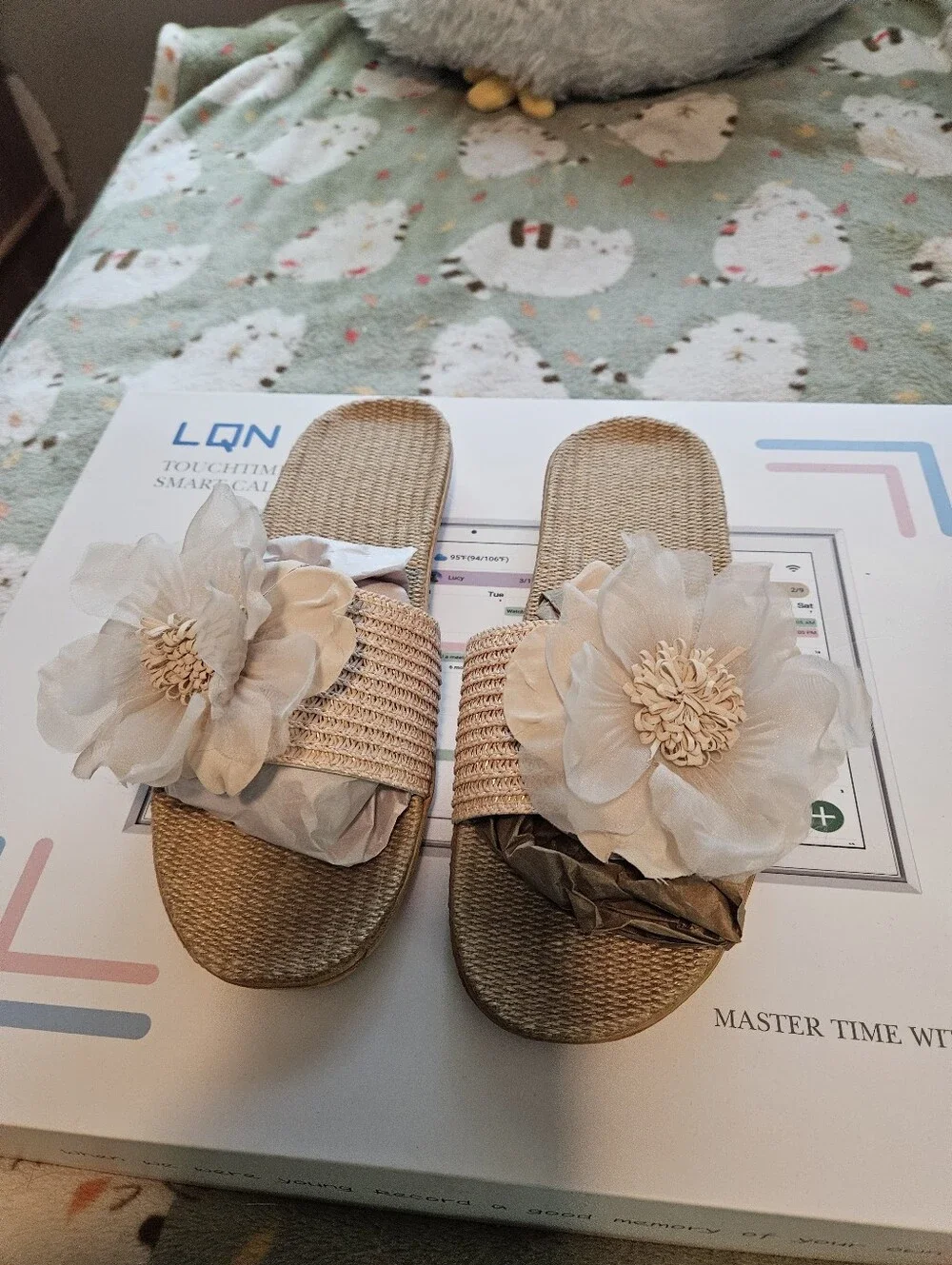 BRAND NEW ** Beige Floral Slide Sandals with White Flower Accent
